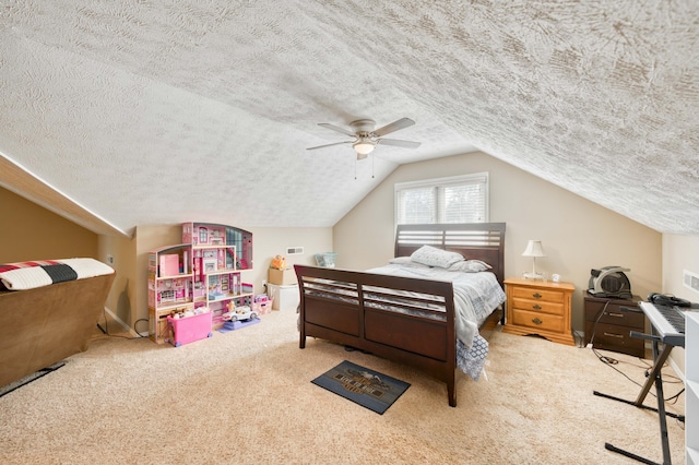 3477 W Broadmoor Ct, Springfield, MO 65807 - carpeted bedroom featuring a textured ceiling, vaulted ceiling, and ceiling fan
