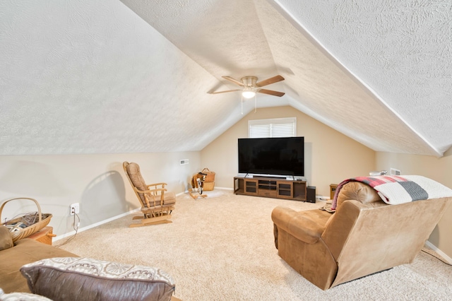 3477 W Broadmoor Ct, Springfield, MO 65807 - carpeted living area featuring a textured ceiling, lofted ceiling, and a ceiling fan