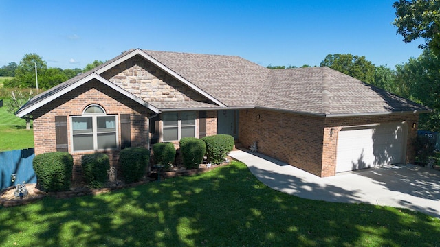 360 Durango Ln, Billings, MO 65610 - ranch-style home with brick siding, an attached garage, driveway, a front yard, and roof with shingles