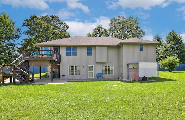 360 Durango Ln, Billings, MO 65610 - rear view of property featuring a patio, a deck, stairway, a lawn, and a shingled roof