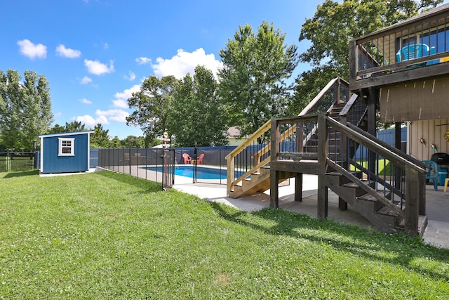 360 Durango Ln, Billings, MO 65610 - view of play area featuring stairway, a shed, a fenced backyard, and a wooden deck