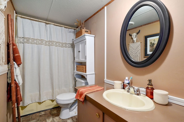 1410 S Elizabeth Rd, Stockton, MO 65785 - bathroom with vanity, a textured ceiling, stone finish flooring, and shower / bathtub combination with curtain