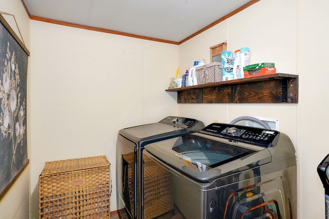 1410 S Elizabeth Rd, Stockton, MO 65785 - laundry room with washing machine and clothes dryer and ornamental molding