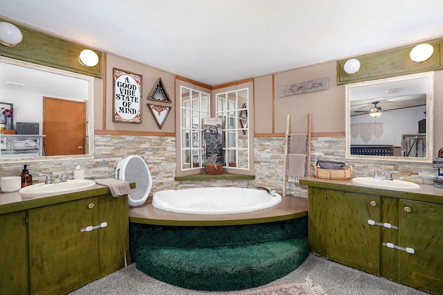 1410 S Elizabeth Rd, Stockton, MO 65785 - bathroom featuring vanity, tasteful backsplash, a garden tub, and ceiling fan