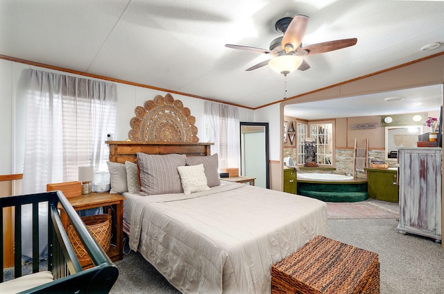 1410 S Elizabeth Rd, Stockton, MO 65785 - bedroom with carpet, crown molding, lofted ceiling, multiple windows, and a ceiling fan