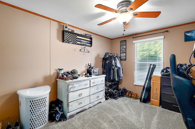 1410 S Elizabeth Rd, Stockton, MO 65785 - carpeted bedroom with crown molding and a ceiling fan