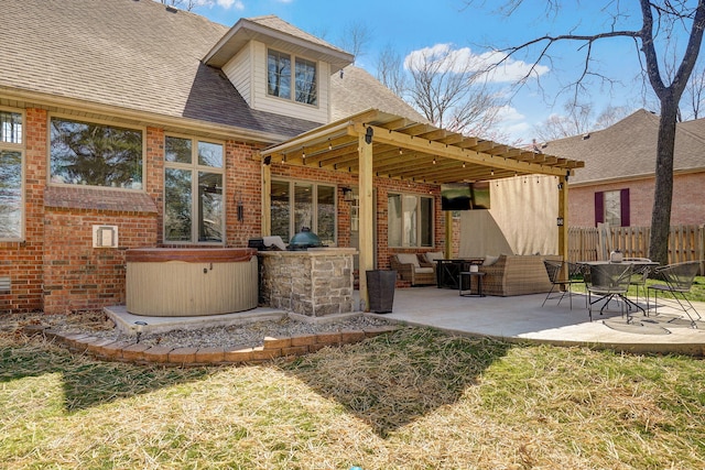 3931 E Stanford St, Springfield, MO 65809 - rear view of property with brick siding, a patio, a hot tub, and a shingled roof
