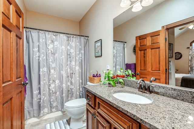 2419 W Deerbrooke Trl, Ozark, MO 65721 - full bathroom featuring vanity, ensuite bathroom, tile patterned floors, ceiling fan, and a shower with shower curtain