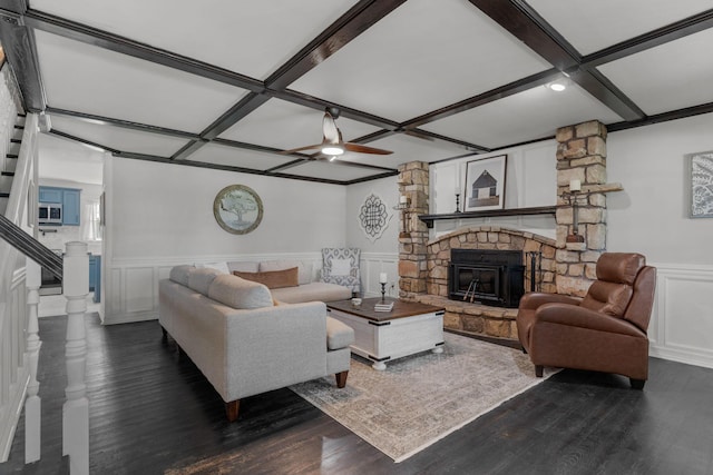 2311 S Golden Ave, Springfield, MO 65807 - living area featuring coffered ceiling, wainscoting, a decorative wall, a fireplace, and a ceiling fan