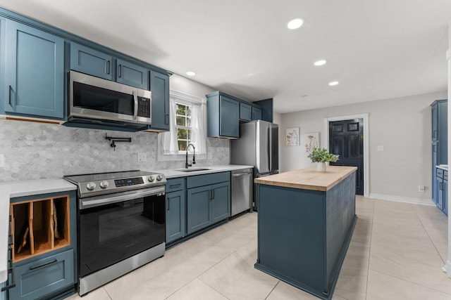 2311 S Golden Ave, Springfield, MO 65807 - kitchen with stainless steel appliances, butcher block countertops, backsplash, a center island, and recessed lighting