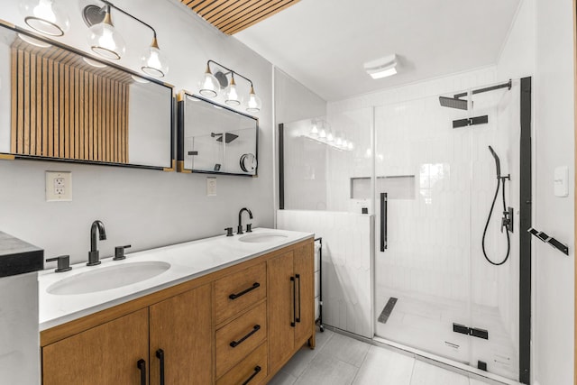 2311 S Golden Ave, Springfield, MO 65807 - bathroom with double vanity, a stall shower, and tile patterned floors