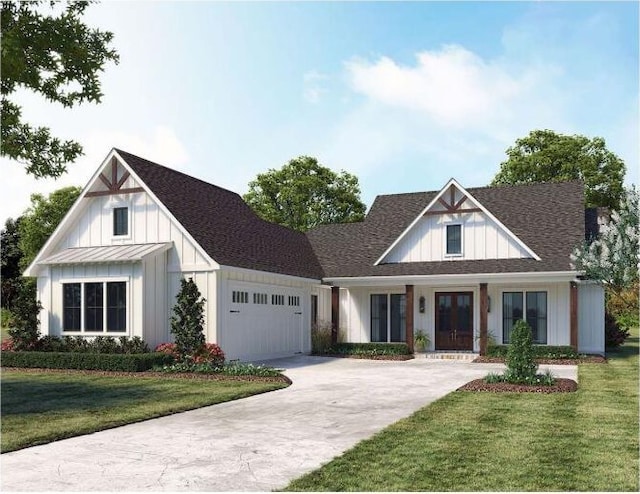 220 Jacks Hollow Rd, Walnut Shade, MO 65771 - modern inspired farmhouse with an attached garage, board and batten siding, a front lawn, and roof with shingles
