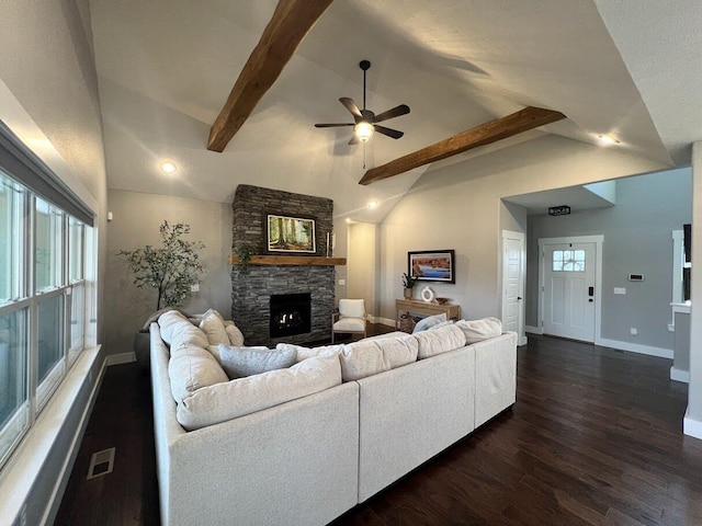 4212 Tuscany Cir, Ozark, MO 65721 - living room with a stone fireplace, ceiling fan, dark wood-type flooring, and recessed lighting
