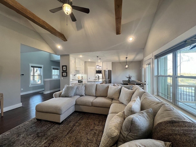 4212 Tuscany Cir, Ozark, MO 65721 - living room with beamed ceiling, dark wood-style floors, recessed lighting, high vaulted ceiling, and a ceiling fan