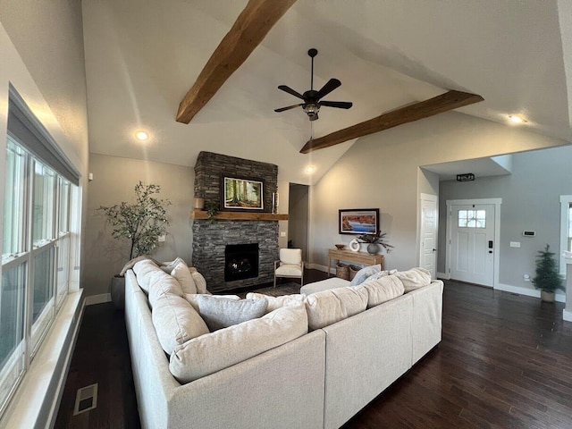 4212 Tuscany Cir, Ozark, MO 65721 - living room with a fireplace, ceiling fan, beam ceiling, dark wood finished floors, and recessed lighting