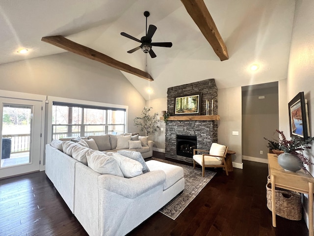 4212 Tuscany Cir, Ozark, MO 65721 - living area with high vaulted ceiling, beamed ceiling, a stone fireplace, a ceiling fan, and dark wood-style flooring