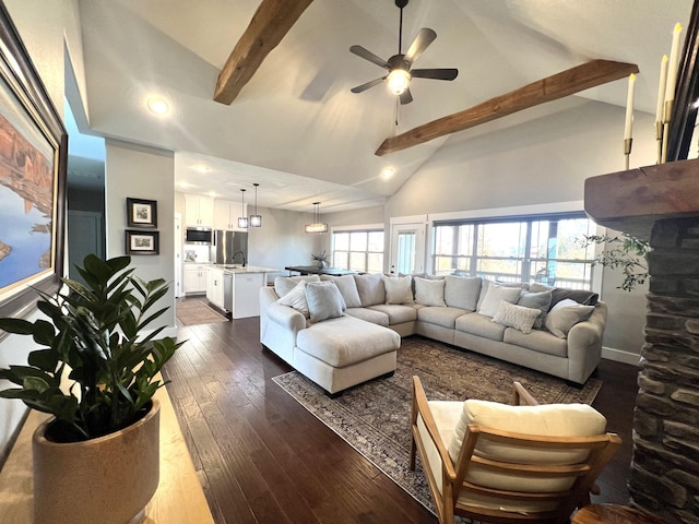 4212 Tuscany Cir, Ozark, MO 65721 - living room featuring high vaulted ceiling, beamed ceiling, dark wood-style floors, a ceiling fan, and recessed lighting