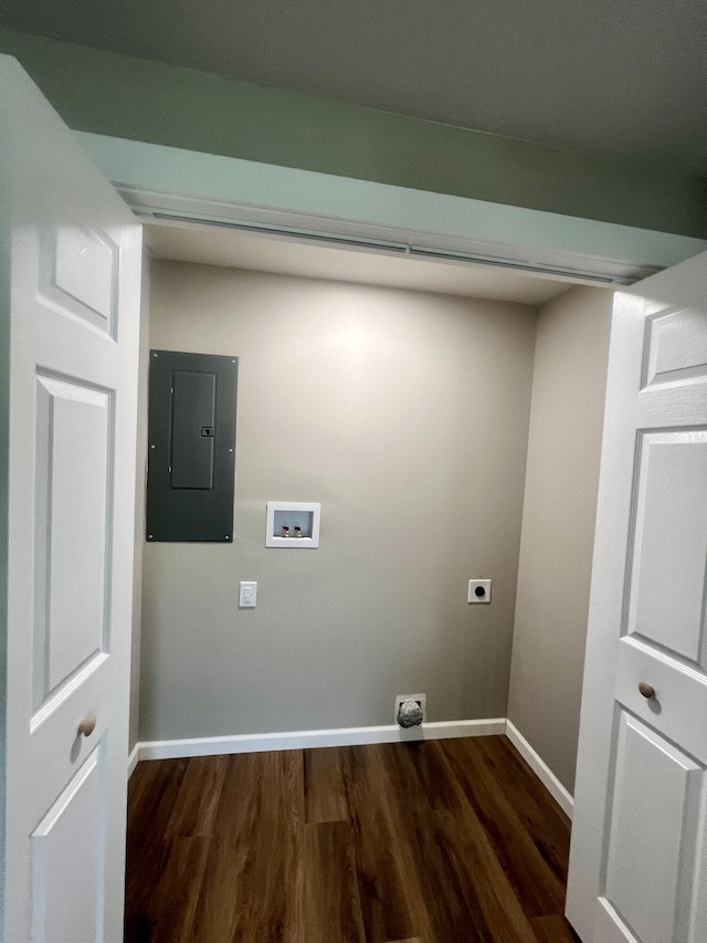 711 W Woodbine Rd, Ash Grove, MO 65604 - washroom with electric dryer hookup, electric panel, dark wood-style flooring, and washer hookup