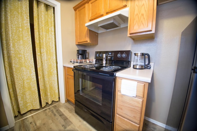 602 E Robertson, Ozark, MO 65721 - kitchen featuring black electric range oven, under cabinet range hood, light countertops, and light wood-style floors