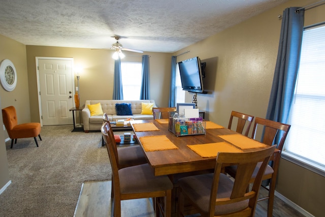 602 E Robertson, Ozark, MO 65721 - dining area with a textured ceiling, a ceiling fan, and carpet flooring