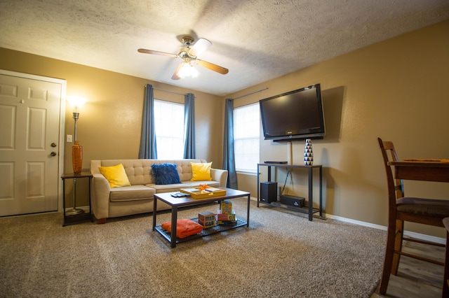 602 E Robertson, Ozark, MO 65721 - living room featuring a ceiling fan, carpet floors, and a textured ceiling