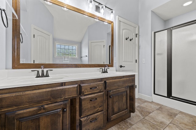 5323 S Carson St, Battlefield, MO 65619 - bathroom with a shower stall, double vanity, and vaulted ceiling