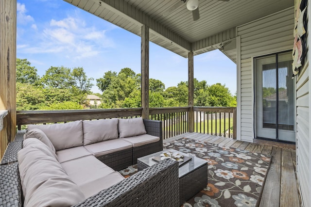 5323 S Carson St, Battlefield, MO 65619 - wooden terrace with an outdoor hangout area and ceiling fan