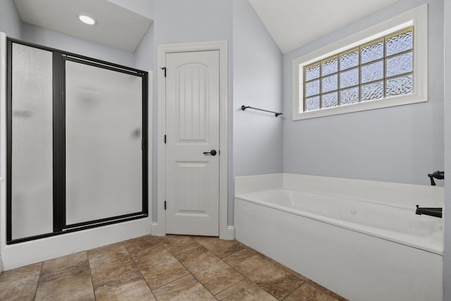 5323 S Carson St, Battlefield, MO 65619 - full bathroom featuring a stall shower, a garden tub, and vaulted ceiling