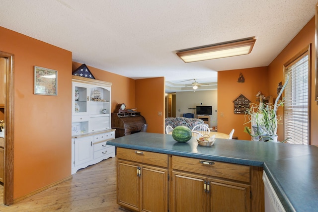 508 N Cherry Cir, Nixa, MO 65714 - kitchen featuring light wood-style flooring, ceiling fan, brown cabinetry, dark countertops, and a textured ceiling