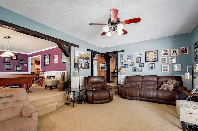 1343 Woodlawn Ave, Mount Vernon, MO 65712 - carpeted living area with ceiling fan, billiards, and a textured ceiling