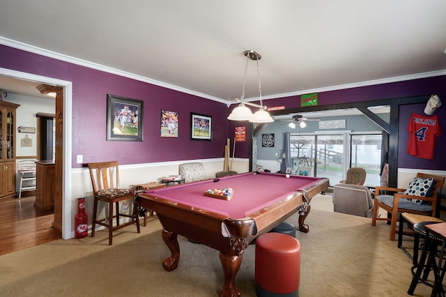1343 Woodlawn Ave, Mount Vernon, MO 65712 - game room with ornamental molding, carpet floors, a ceiling fan, and pool table