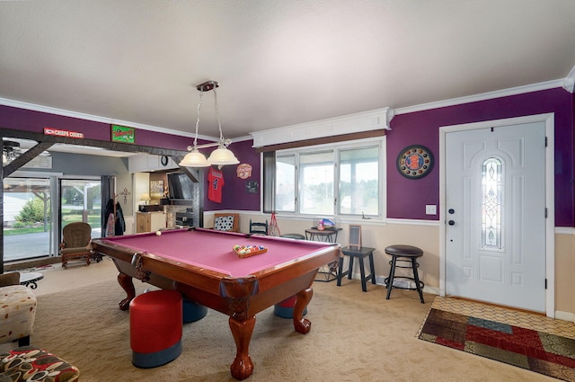 1343 Woodlawn Ave, Mount Vernon, MO 65712 - rec room with carpet flooring, billiards table, healthy amount of natural light, and ornamental molding