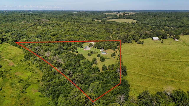 8404 Fossilsaurus Ln, Ash Grove, MO 65604 - aerial view of property and surrounding area featuring property parcel outlined and a forest