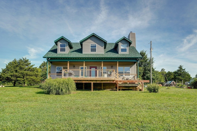 8404 Fossilsaurus Ln, Ash Grove, MO 65604 - rear view of property with a chimney, a lawn, a shingled roof, and a wooden deck
