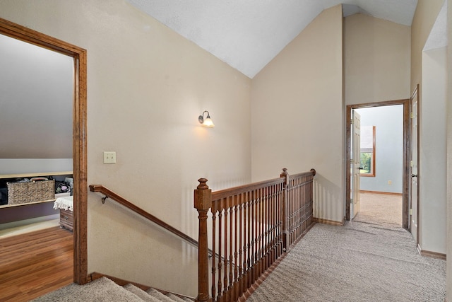 8404 Fossilsaurus Ln, Ash Grove, MO 65604 - stairs featuring carpet and high vaulted ceiling