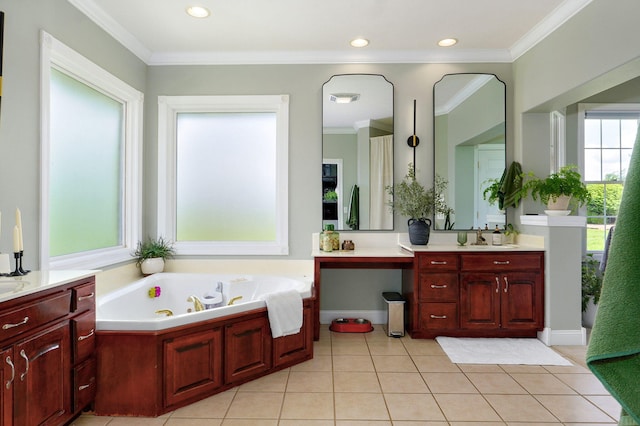 1776 S Gregg Rd, Nixa, MO 65714 - full bath featuring vanity, a jetted tub, crown molding, tile patterned flooring, and recessed lighting