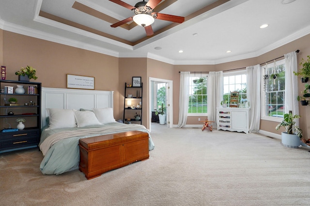1776 S Gregg Rd, Nixa, MO 65714 - bedroom featuring carpet floors, ornamental molding, recessed lighting, a tray ceiling, and ceiling fan