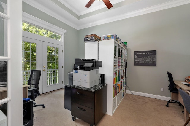 1776 S Gregg Rd, Nixa, MO 65714 - office with light carpet, crown molding, a ceiling fan, and french doors