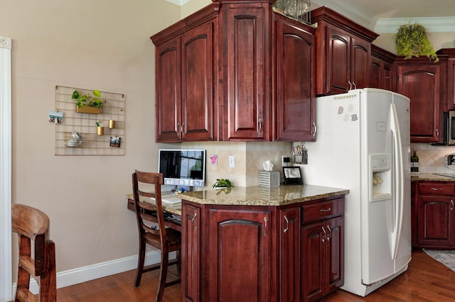 1776 S Gregg Rd, Nixa, MO 65714 - kitchen featuring reddish brown cabinets, white fridge with ice dispenser, tasteful backsplash, dark wood-type flooring, and light stone counters
