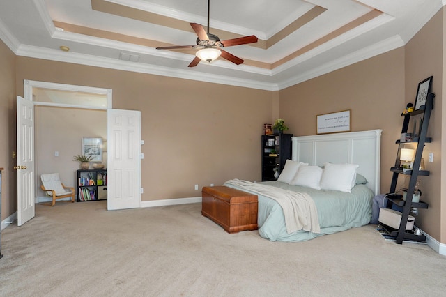 1776 S Gregg Rd, Nixa, MO 65714 - bedroom with a tray ceiling, light carpet, crown molding, and a ceiling fan