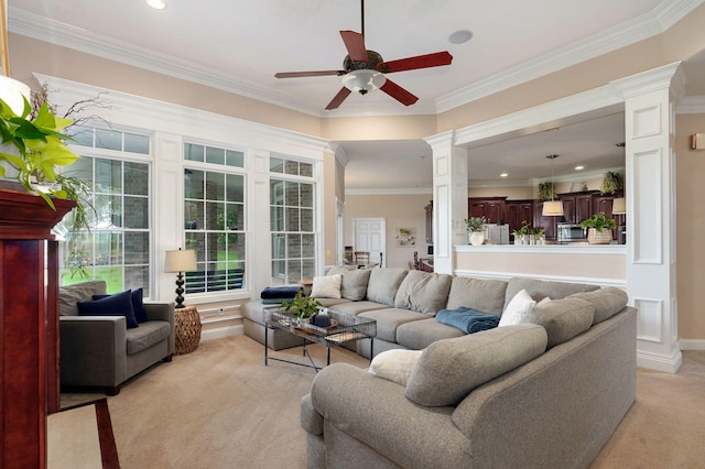 1776 S Gregg Rd, Nixa, MO 65714 - living room with decorative columns, light colored carpet, ceiling fan, ornamental molding, and recessed lighting