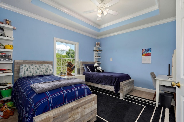 1776 S Gregg Rd, Nixa, MO 65714 - bedroom with a tray ceiling, ornamental molding, carpet floors, and ceiling fan