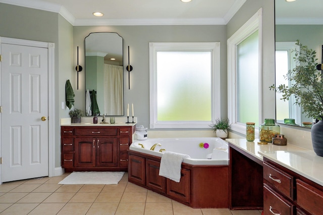 1776 S Gregg Rd, Nixa, MO 65714 - bathroom featuring vanity, plenty of natural light, a garden tub, tile patterned flooring, and crown molding