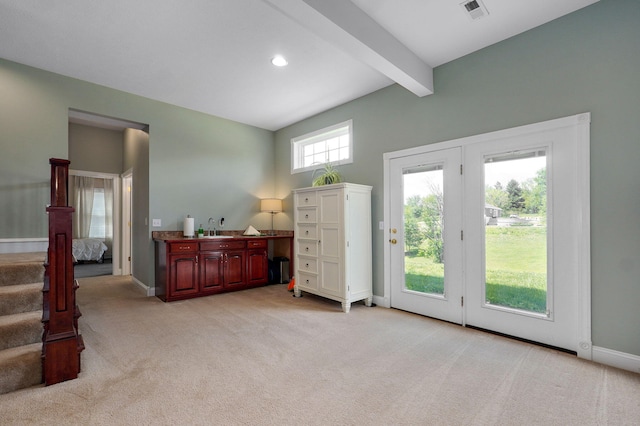 1776 S Gregg Rd, Nixa, MO 65714 - bedroom featuring access to outside, light carpet, beam ceiling, and recessed lighting