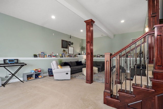 1776 S Gregg Rd, Nixa, MO 65714 - interior space featuring carpet floors, decorative columns, recessed lighting, and beam ceiling