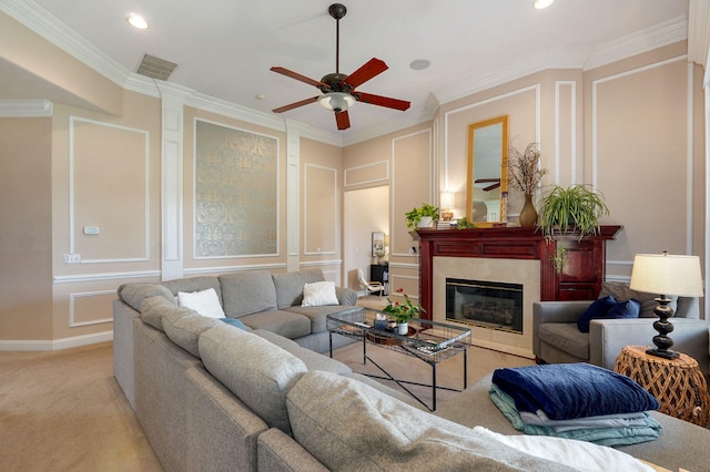 1776 S Gregg Rd, Nixa, MO 65714 - living area with a decorative wall, ceiling fan, a premium fireplace, recessed lighting, and crown molding