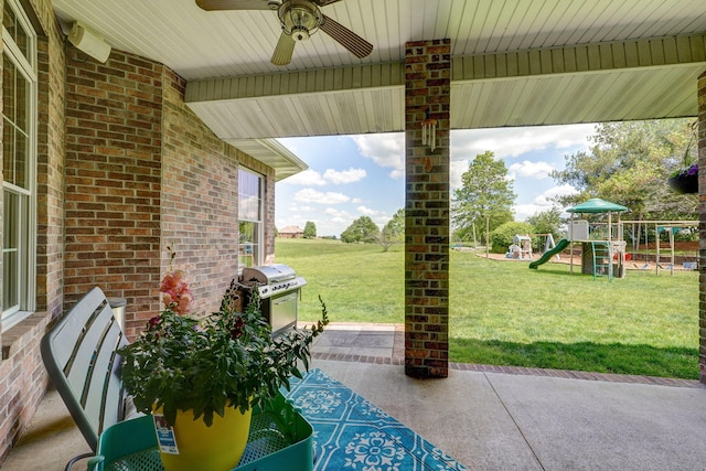 1776 S Gregg Rd, Nixa, MO 65714 - view of patio / terrace featuring a playground, ceiling fan, and grilling area