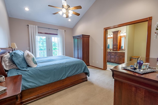 280 Center Rd, Ozark, MO 65721 - bedroom with light colored carpet, ensuite bathroom, access to outside, ceiling fan, and high vaulted ceiling