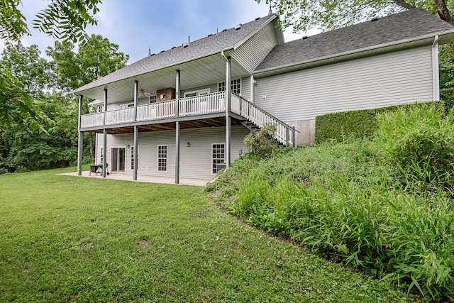 280 Center Rd, Ozark, MO 65721 - rear view of property with a lawn, a patio area, a deck, roof with shingles, and stairway