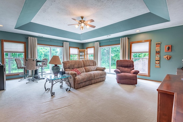 280 Center Rd, Ozark, MO 65721 - carpeted living room with a raised ceiling, ceiling fan, and a textured ceiling